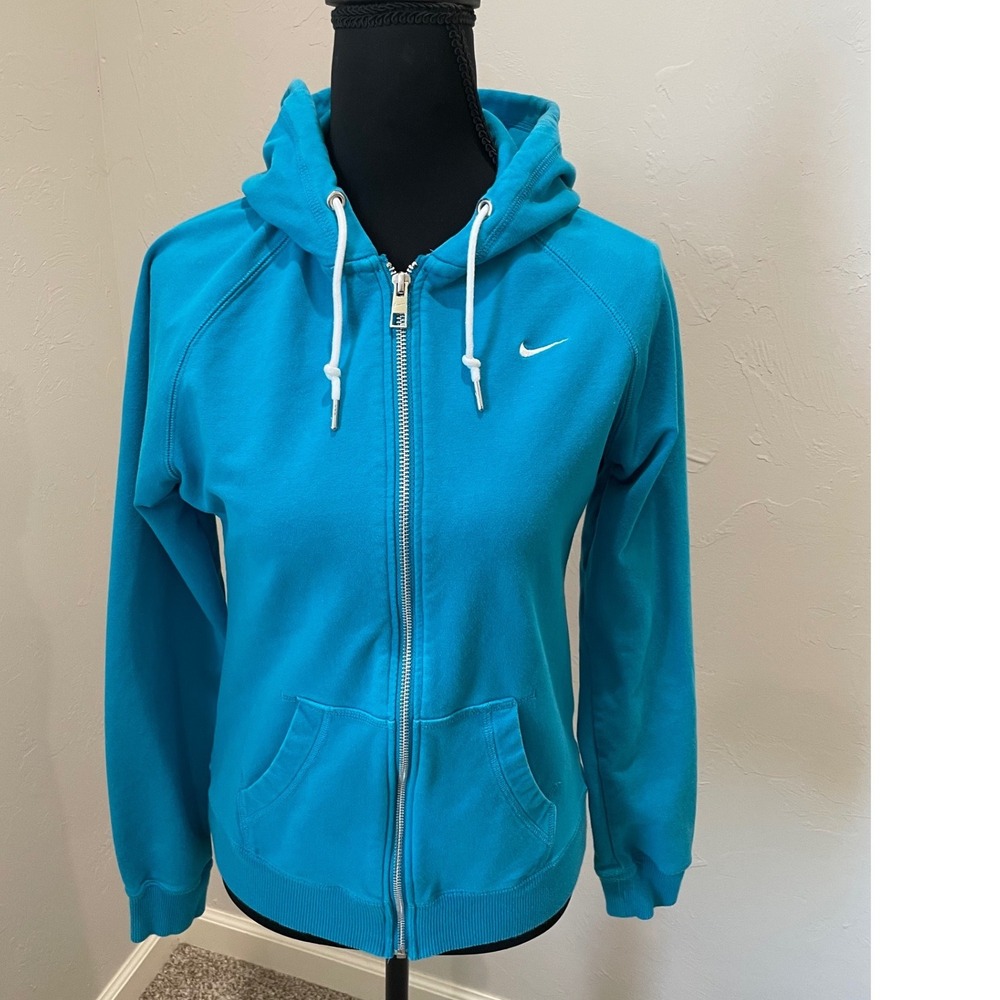 Nike Womens Full Zip Hoodie Turquoise Blue Cotton Blend Swoosh Logo Size M